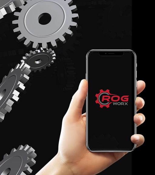 Picture of someone holding a cell phone with the ROGworx logo on it.